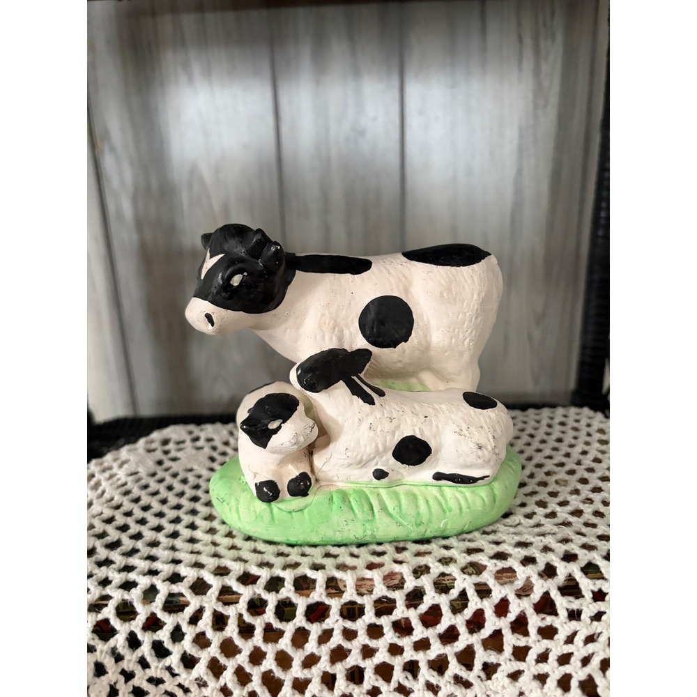 Vintage Hand Painted Ceramic Cow and Calves Figurine Farmhouse Decor Black White